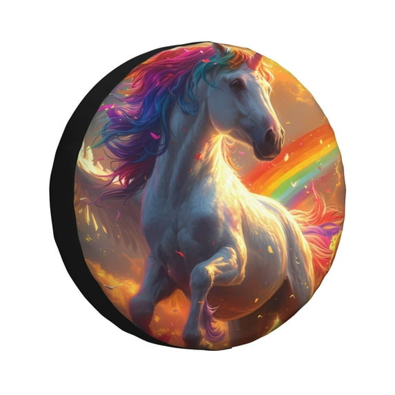 Sikiie Rainbow Sunset Cloud White Horse PVC Leather Spare Tire Wheel Cover Spare Tire Cover, for Car Truck SUV Camper Trailer Universal Fit(14-17in)-16 inch