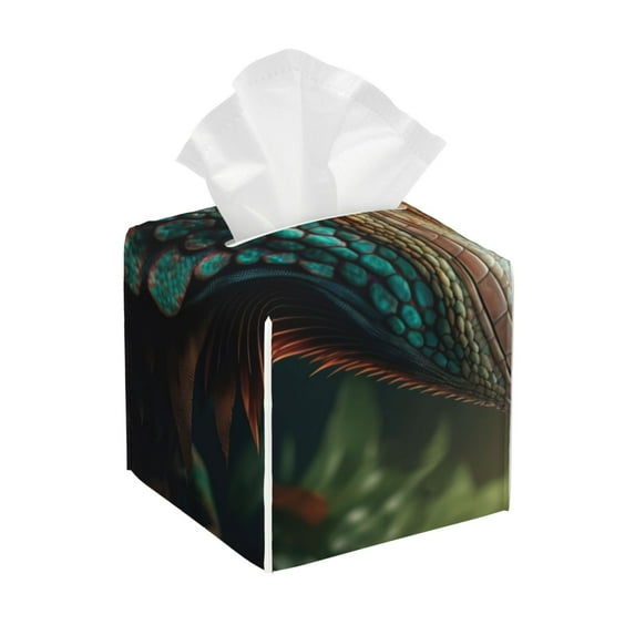 Sikiie Realistic Colorful Chameleon Leather Tissue Box Cover Square, tissue box holder, Tissue Box with Bottom Belt-5.2”x5.2”x5.2”