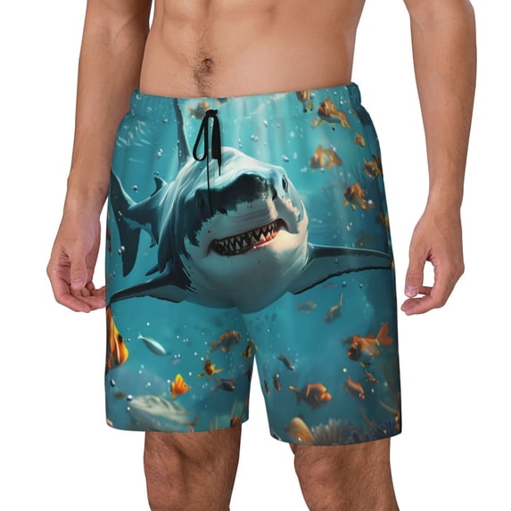 Sikiie Realistic Ocean Shark Print Men's Double Layer Swimming Trunks, Adjustable Waistband and Pockets Sports Swimming Trunks, Beach Swimwear-Medium