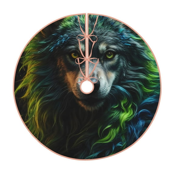 Sikiie Realistic Style Colorful Wolf A Nativity Christmas Tree Skirt, Jesus Christian Winter Holiday Tree Mat Decoration(30-48IN)30"