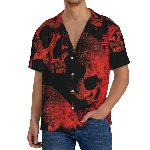 Sikiie Red And Black Abstract Skull Men's Wrinkle Free Untucked Cuban Shirt Business Casual Button Down Shirts Short Sleeve ShirtXX-Large