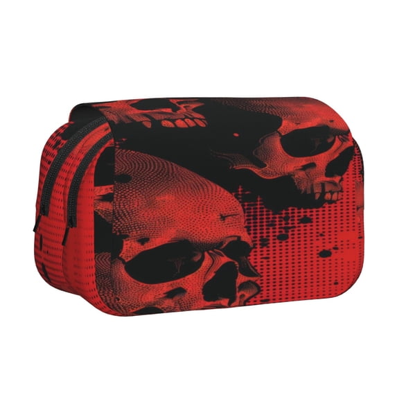 Sikiie Red And Black Abstract Skull Print Flip Double-layer Pencil Case, All-purpose Stationery Bag for Study and Office, Zipper Design, Unisex