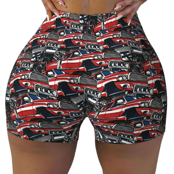 Sikiie Red And Blue Cars Print Workout Shorts Women Scrunch Butt Gym Shorts Seamless High Waist Tummy Control Yoga Biker Athletic Shorts