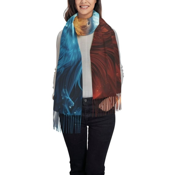 Sikiie Red And Blue Fire Lion Shawl Wraps Big Scarf Tassel Fall Winter Thick Scarf Warm Shawl Women Fall Gifts