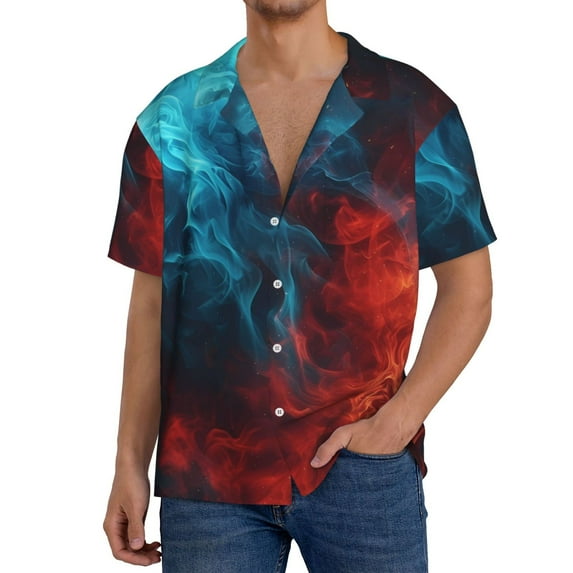 Sikiie Red And Blue Fire Men's Wrinkle Free Untucked Cuban Shirt Business Casual Button Down Shirts Short Sleeve Shirt3X-Large