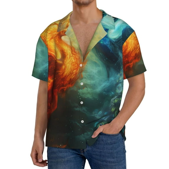 Sikiie Red And Blue Fire Peacock Men's Wrinkle Free Untucked Cuban Shirt Business Casual Button Down Shirts Short Sleeve ShirtLarge