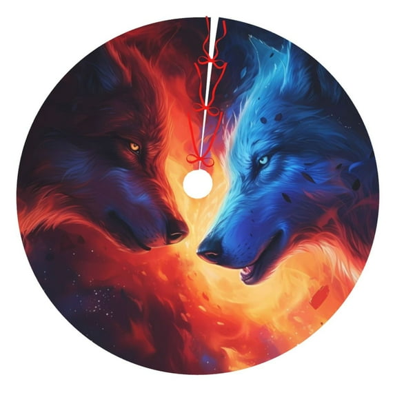 Sikiie Red And Blue Fire Wolf 30-48 inches {designName} Print Christmas Tree Skirt Snowman Xmas Tree Skirt with Edge Christmas Decorations for Holiday Party