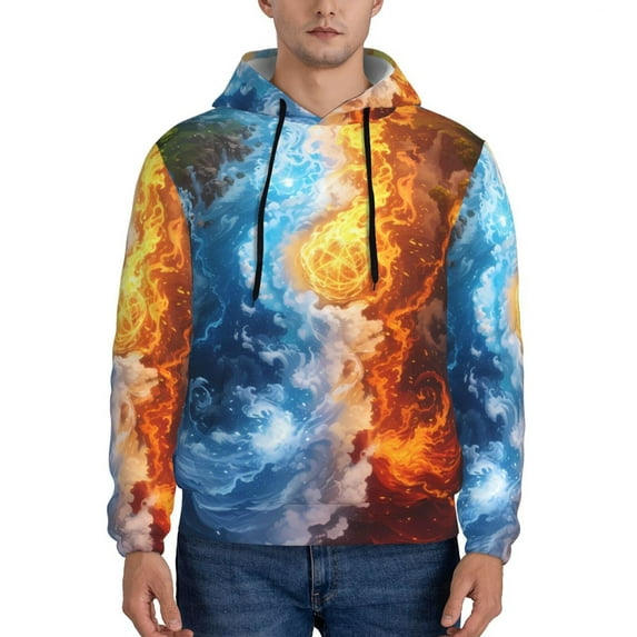 Sikiie Red And Blue Flame Waves Men's Hoodie, Essentials Hoodie, Sweatshirt, Pullover Hooded Sweatshirt for Men-XX-Large