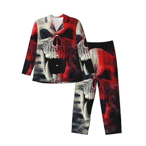 Sikiie Red And White Screaming Demon Skull Mens Pajama Set, Soft Warm Long Sleeve Sleepwear, Cozy Button-Down Pjs for Men-Small