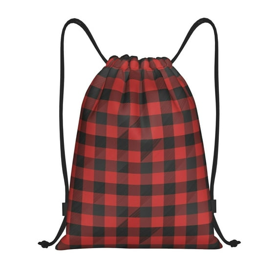 Sikiie Red Black Plaid Drawstring Backpack Drawstring Bags, Draw String Back Bag for Sports, Gym, Travel, Swimming, Beach-Small