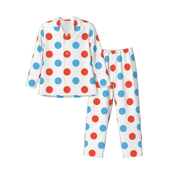 Sikiie Red Blue Polka Dots Mens Pajama Set, Soft Warm Long Sleeve Sleepwear, Cozy Button-Down Pjs for Men-Medium