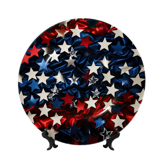 Sikiie Red Blue White Stars Bone China Decorative Plate Personality Ceramic Dinner Plate Crafts Decorative Ceramic Decorative Plate -7in