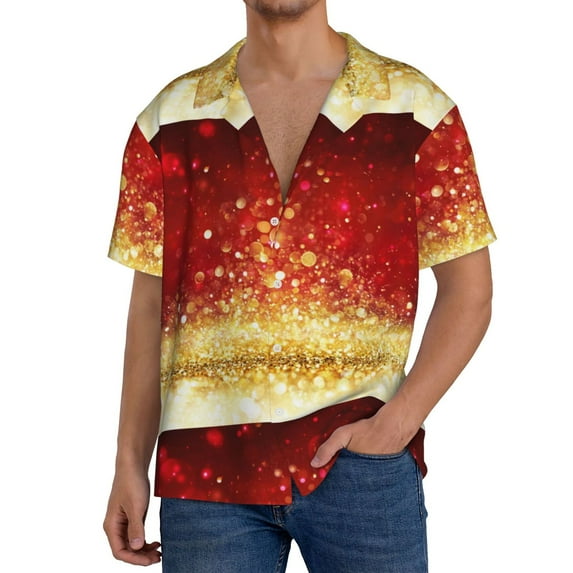 Sikiie Red Gold Glitter Men's Wrinkle Free Untucked Cuban Shirt Business Casual Button Down Shirts Short Sleeve ShirtXX-Large