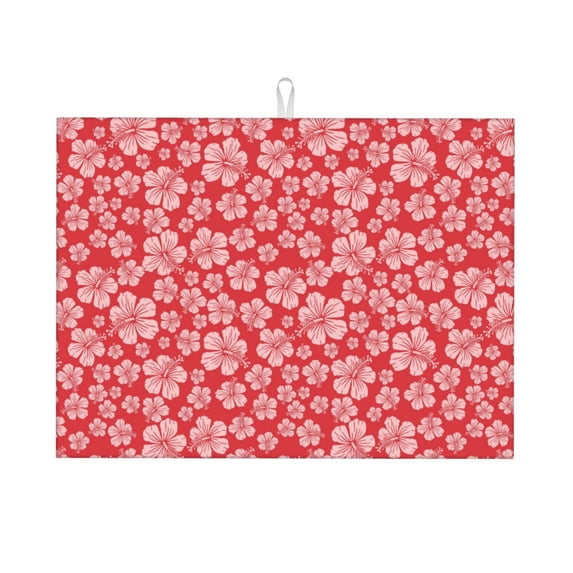 Sikiie Red Hibiscus Flower Dish Drying Mat, Kitchen Counter Mat, Self Drying Mat for Kitchen Counter Dish Drying Pad ,for Dishes, Utensils, Pots and Pans(24" x 18")
