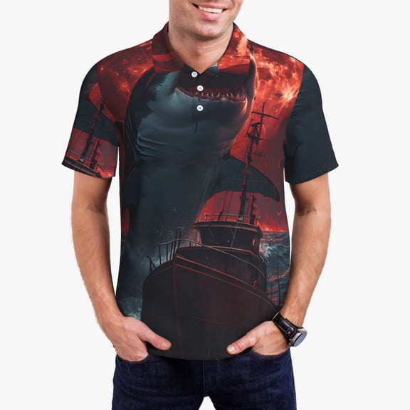 Sikiie Red Moon Shark Sailboat Print Men's Short-sleeved POLO Shirts, Button-down Shirts and T-shirts are Suitable for Vacation, Leisure and Business-3X-Large