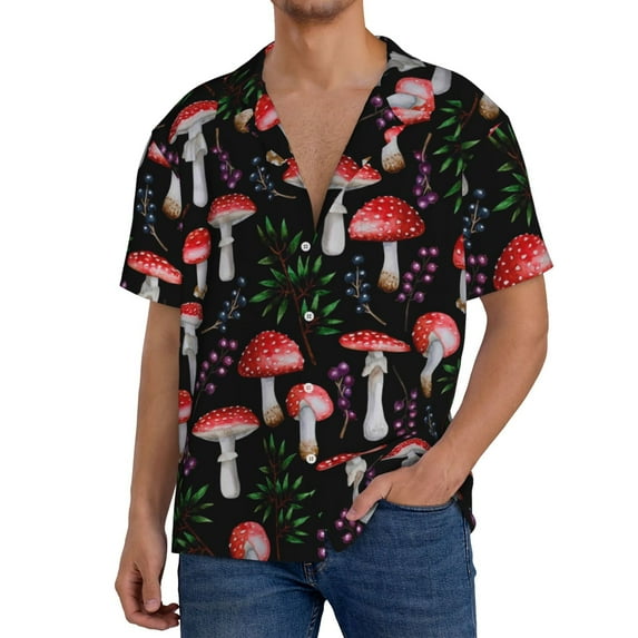 Sikiie Red Mushrooms Men's Wrinkle Free Untucked Cuban Shirt Business Casual Button Down Shirts Short Sleeve ShirtSmall
