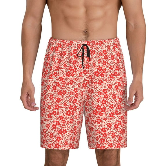 Sikiie Red Pretty Flowers Mens Pajama Shorts, Lightweight Lounge Pant with Pockets Soft Sleep Pj Shorts for Men