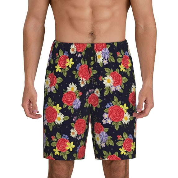Sikiie Red Rose Flower Mens Pajama Shorts, Lightweight Lounge Pant with Pockets Soft Sleep Pj Shorts for MenX-Large