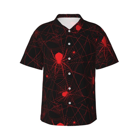 Sikiie Red Spider On The Web Print Men's Hawaiian Shirt, Summer Beach Button Pocket Short Sleeve T-Shirt,XX-Large