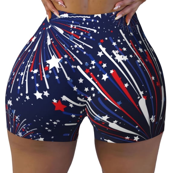 Sikiie Red White Blue Fireworks 1 Print Workout Shorts Women Scrunch Butt Gym Shorts Seamless High Waist Tummy Control Yoga Biker Athletic Shorts