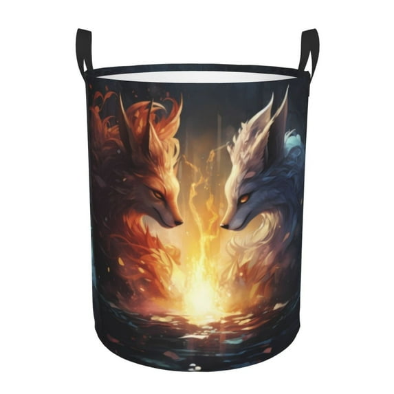 Sikiie Red And White Flame Fox Print Round Dirty Clothes Basket, Waterproof Standing Foldable Storage Basket, for Laundry Room, Bedroom, Bathroom Storage-Small