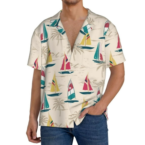 Sikiie Reto Marine Nautical Men's Wrinkle Free Untucked Cuban Shirt Business Casual Button Down Shirts Short Sleeve ShirtLarge