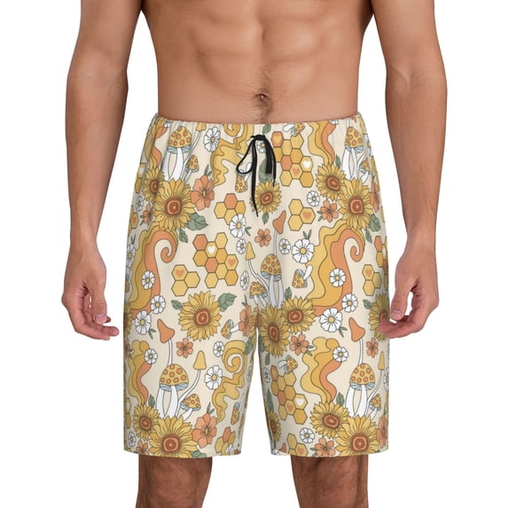 Sikiie Retro 70s 60s Flower Mens Pajama Shorts, Lightweight Lounge Pant with Pockets Soft Sleep Pj Shorts for MenLarge