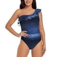 thumbnail image 1 of Sikiie Retro Blue Glitter Print Women One Piece Swimsuits Tummy Control One Shoulder Bathing Suits Ruffle Swimwear, From S to XXL-X-Large, 1 of 6
