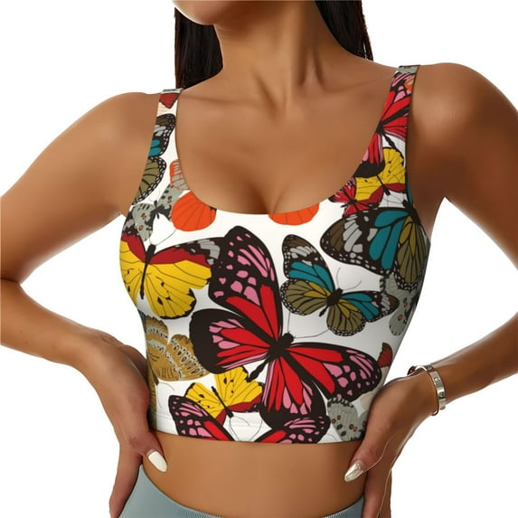 Sikiie Retro Floral Butterfly Print Strappy Sports Bra for Women Padded Push Up Sports Bra Athletic Running Sports Bra Workout Bra Yoga Bra