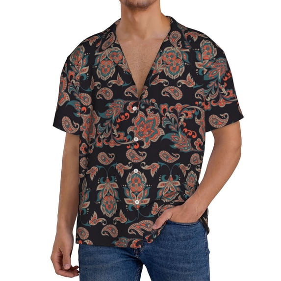 Sikiie Retro Floral Men's Wrinkle Free Untucked Cuban Shirt Business Casual Button Down Shirts Short Sleeve ShirtX-Large