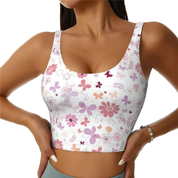 Sikiie Retro Floral Print Strappy Sports Bra for Women Padded Push Up Sports Bra Athletic Running Sports Bra Workout Bra Yoga Bra