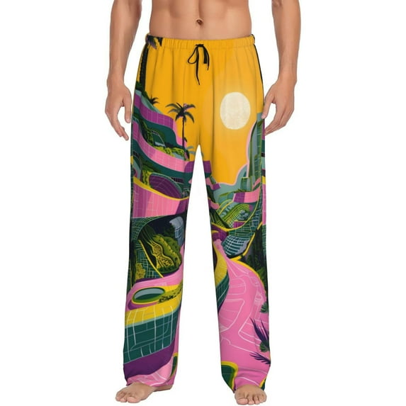 Sikiie Retro Futuristic Landscape Pajama Pants Men, PJ Bottoms, Sleep & Lounge Pants-Small