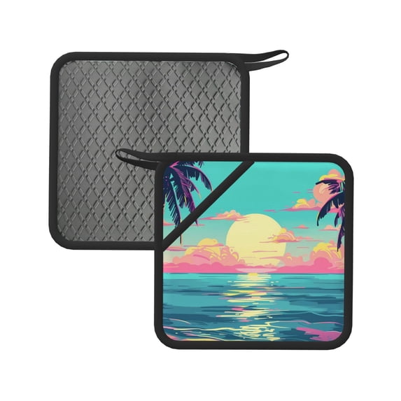 Sikiie Retro Palm Beach Sunset Pot Holders Kitchen Insulation Mats Heat Resistant Pot-Holder Oven Anti-Scald Pads for Cooking Baking, 7.1*7.1inch