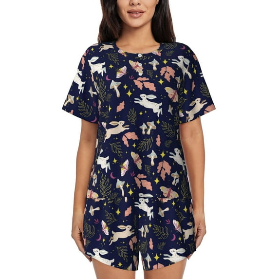 Sikiie Retro Rabbit Flower Womens Pajama Sets Short Sleeve Top With Pants Sleepwear 2 Piece Lounge Set4X-Large