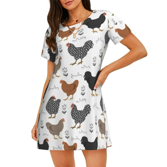 Sikiie Retro Rooster Print Women's Short-sleeved Nightdress, Round Neck Pullover Nightdress Pajamas Summer Home Wear