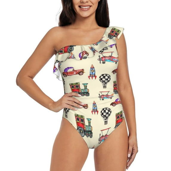 Sikiie Retro Steampunk Vehicle1 Print Women One Piece Swimsuits Tummy Control One Shoulder Bathing Suits Ruffle Swimwear, From S to XXL-XX-Large