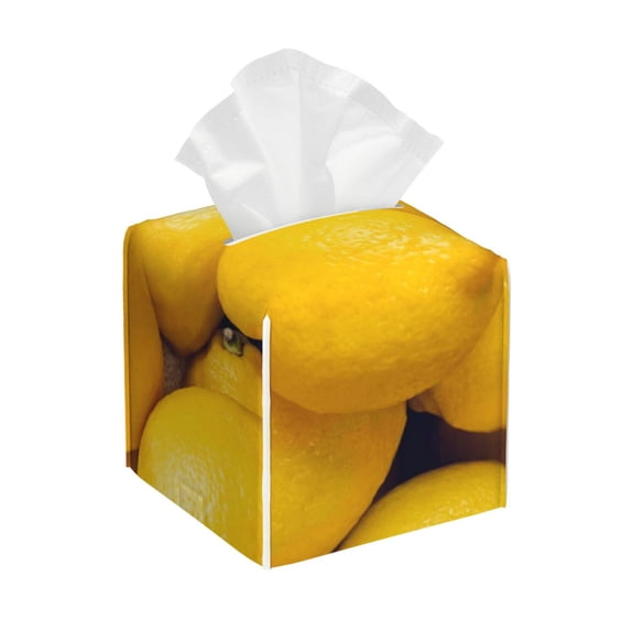 Sikiie Ripe Yellow Lemon Leather Tissue Box Cover Square, tissue box holder, Tissue Box with Bottom Belt-5.2”x5.2”x5.2”