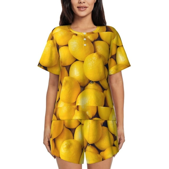 Sikiie Ripe Yellow Lemon Womens Pajama Sets Short Sleeve Top With Pants Sleepwear 2 Piece Lounge SetSmall
