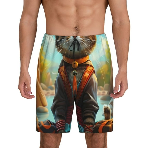 Sikiie Riverside Meditating Cat Mens Pajama Shorts, Lightweight Lounge Pant with Pockets Soft Sleep Pj Shorts for Men3X-Large