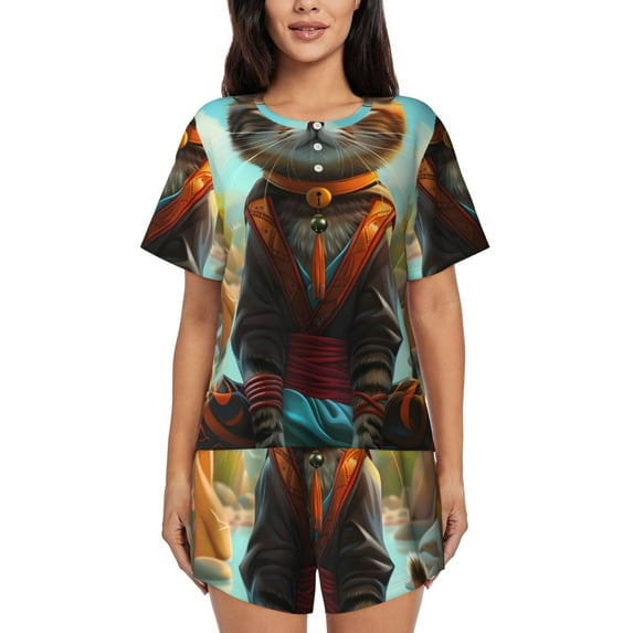 Sikiie Riverside Meditating Cat Womens Pajama Sets Short Sleeve Top With Pants Sleepwear 2 Piece Lounge SetLarge
