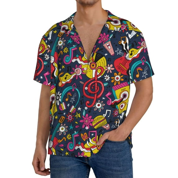 Sikiie Rock Music Men's Wrinkle Free Untucked Cuban Shirt Business Casual Button Down Shirts Short Sleeve ShirtX-Large