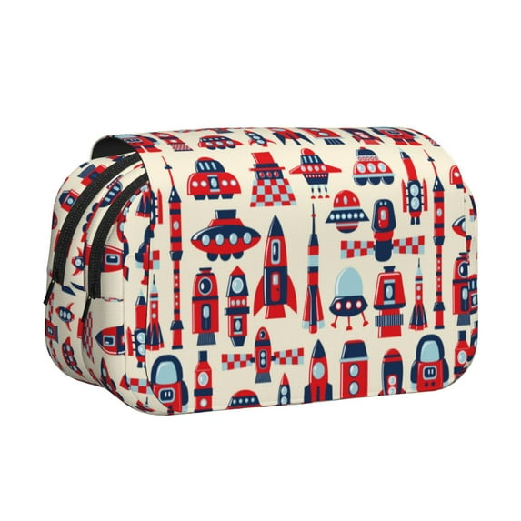 Sikiie Rocket Pattern Print Flip Double-layer Pencil Case, All-purpose Stationery Bag for Study and Office, Zipper Design, Unisex