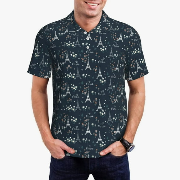 Sikiie Romantic Eiffel Tower Print Men's Short-sleeved POLO Shirts, Button-down Shirts and T-shirts are Suitable for Vacation, Leisure and Business-X-Large