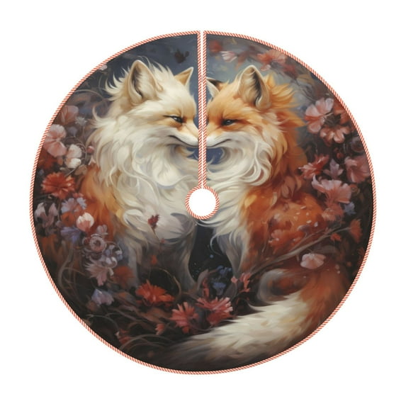 Sikiie Romantic Flower Fox Couple Nativity Christmas Tree Skirt, Jesus Christian Winter Holiday Tree Mat Decoration(30-48IN)48"