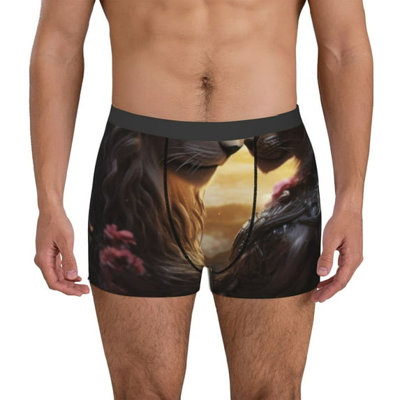 Sikiie Romantic Flower Lion Couple Print Men's Boxer Briefs, Elastic Waistband Boxer Briefs Leggings-Large