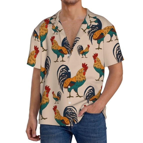 Sikiie Rooster Men's Wrinkle Free Untucked Cuban Shirt Business Casual Button Down Shirts Short Sleeve ShirtLarge