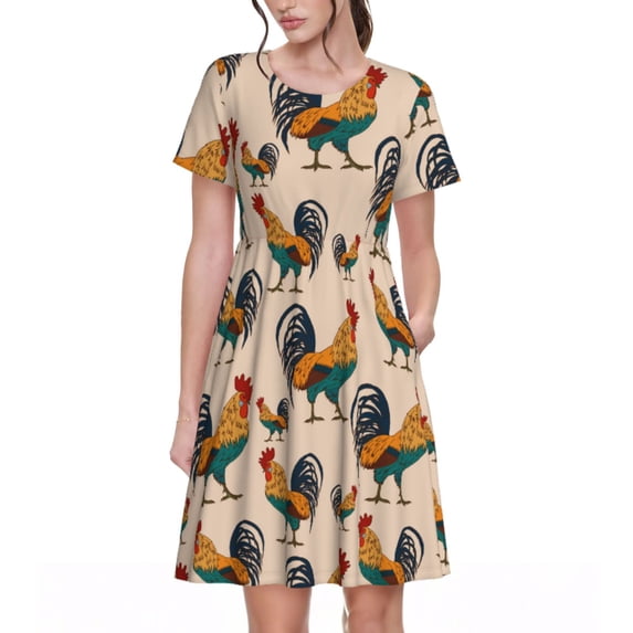 Sikiie Rooster Print Women's Short-sleeved Dress, Round Neck Slim Knee-length Dress, Summer Clothing Suitable for Daily Leisure and Vacation