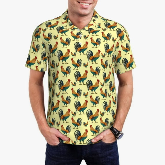 Sikiie Roosters In Farm Print Men's Short-sleeved POLO Shirts, Button-down Shirts and T-shirts are Suitable for Vacation, Leisure and Business-Large