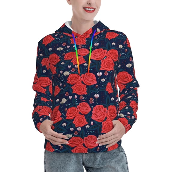 Sikiie Rose Flower Women's Casual Hoodies Long Sleeve Lightweight Pullover Tops Loose Sweatshirt-Large