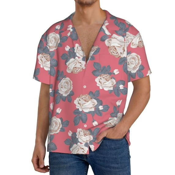 Sikiie Rose Flowers Men's Wrinkle Free Untucked Cuban Shirt Business Casual Button Down Shirts Short Sleeve ShirtX-Large